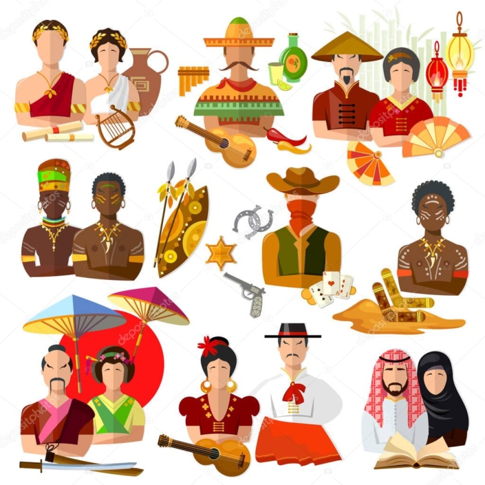Rajz a világban élő különböző nemzetiségű emberekről